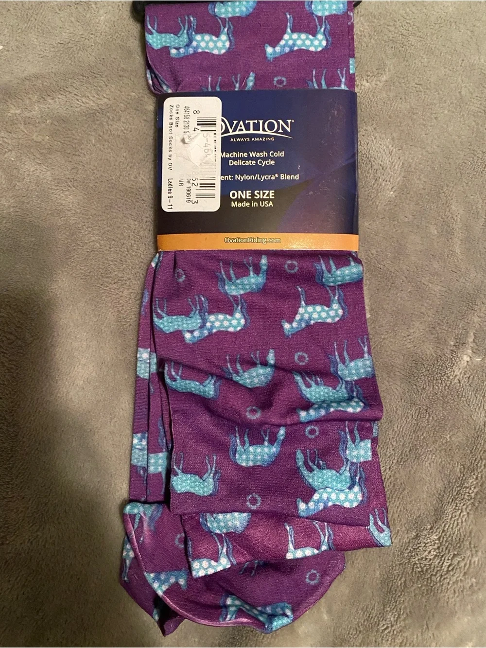 Ovation Zocks Purple Socks with Blue Horse Print - One Size